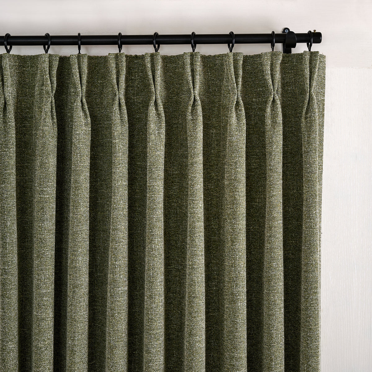 Tamsin Melange Weave Blackout Curtains in Olive, pleated header close up
