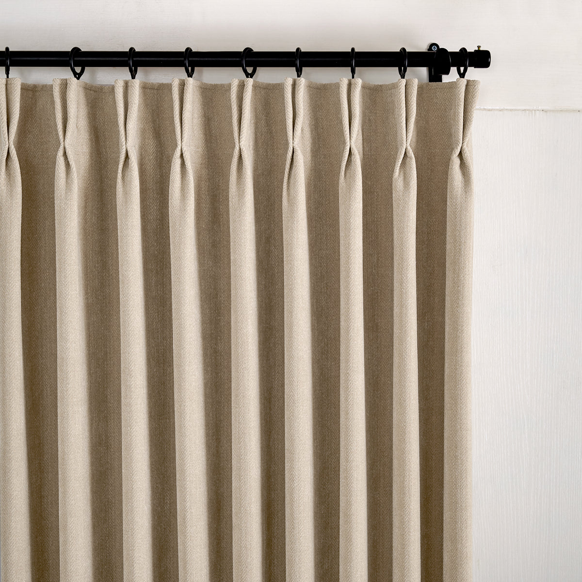 Hadleigh Herringbone Blackout Curtains in Flax, pleated header close up