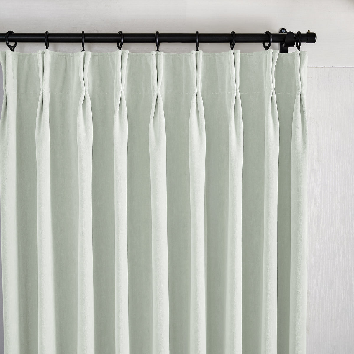 Genevieve Cloud-Soft Chenille Blackout Curtains in Mint, pleated header close up