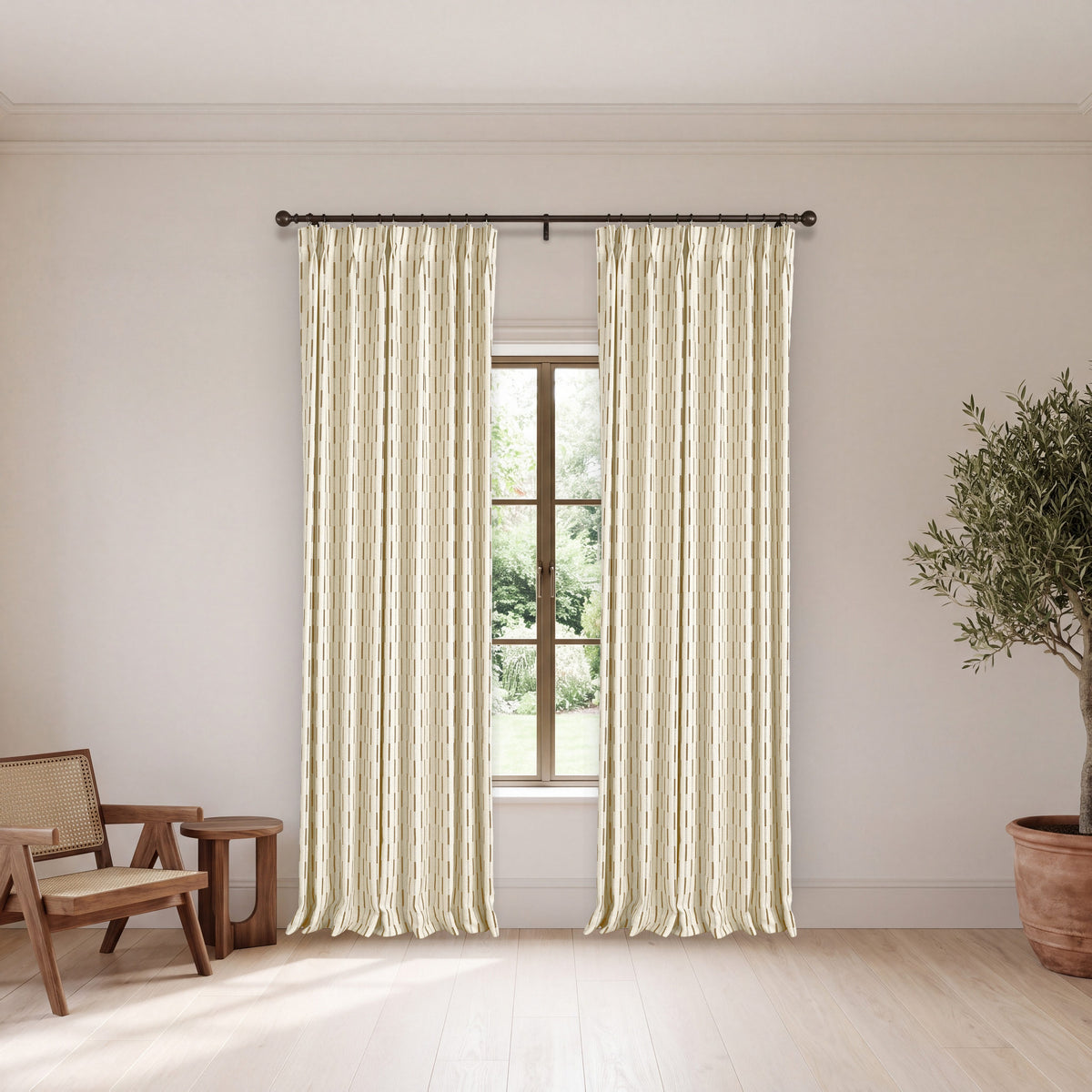 Ansel Dash Stripe Weave Curtains in Caramel, hanging in a room