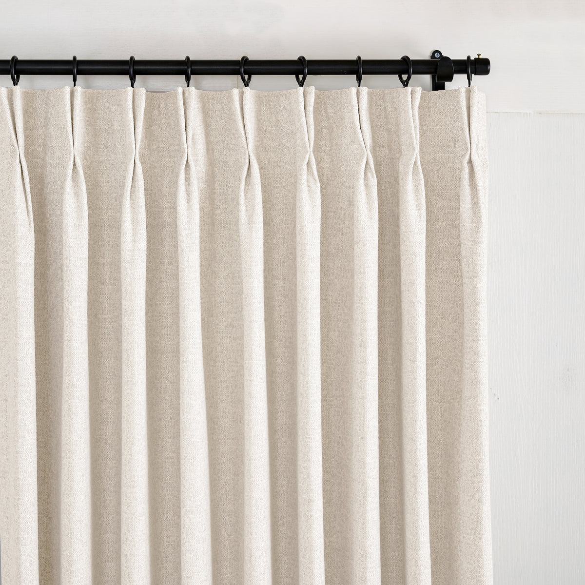 Everett Yarn-Dyed Jacquard Blackout Curtains in Ivory, pleated header close up