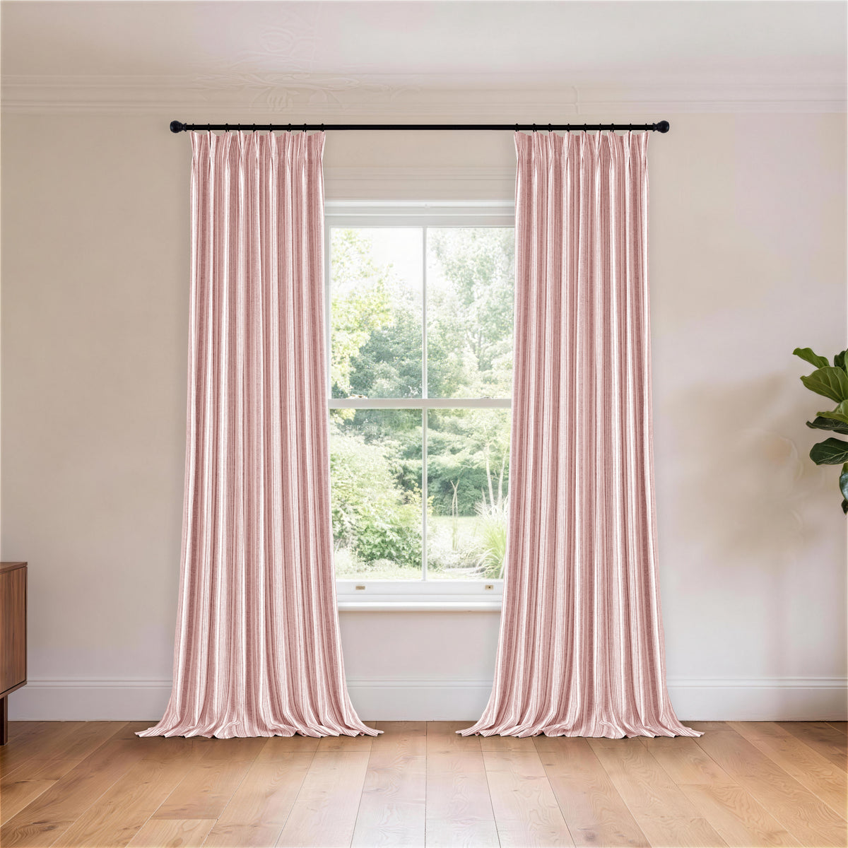 Carrick Striped Pure Linen Curtains in Madder Ticking, hanging in a room