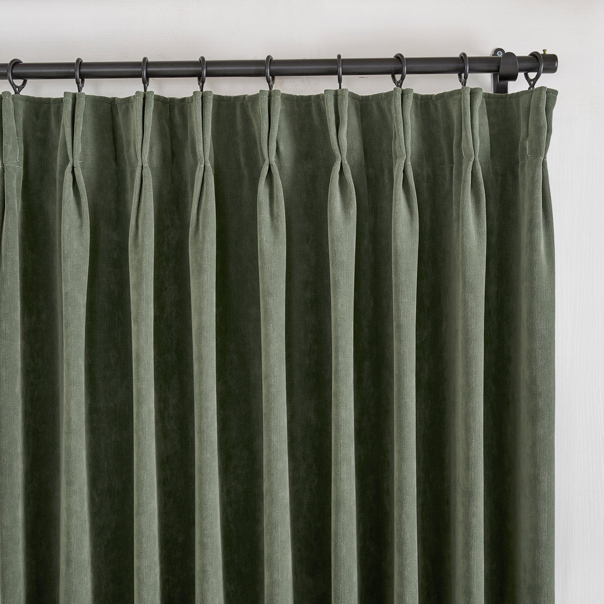 Genevieve Cloud-Soft Chenille Blackout Curtains in Forest, pleated header close up