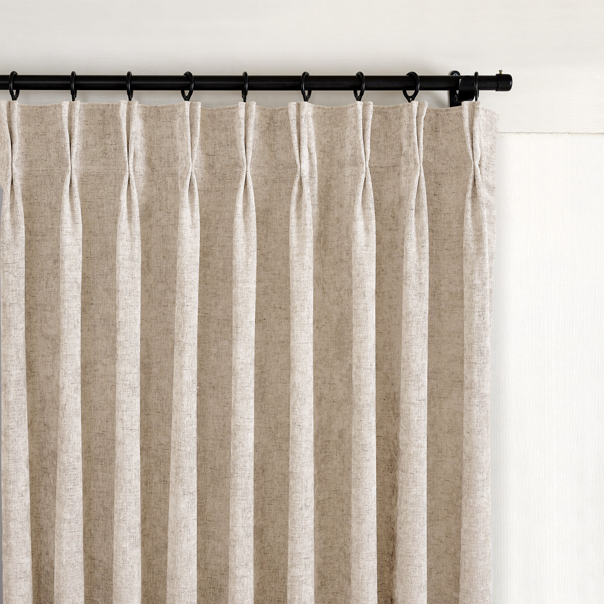 Prentiss Reversible Slub Curtains in Greige, pleated header close up