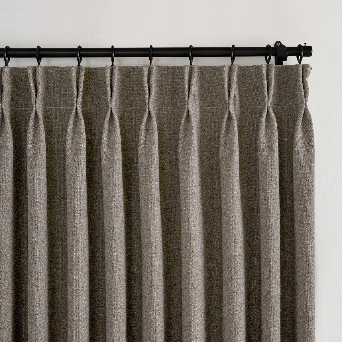 Fraser Wool-Blend Blackout Curtains in Cocoa, pleated header close up