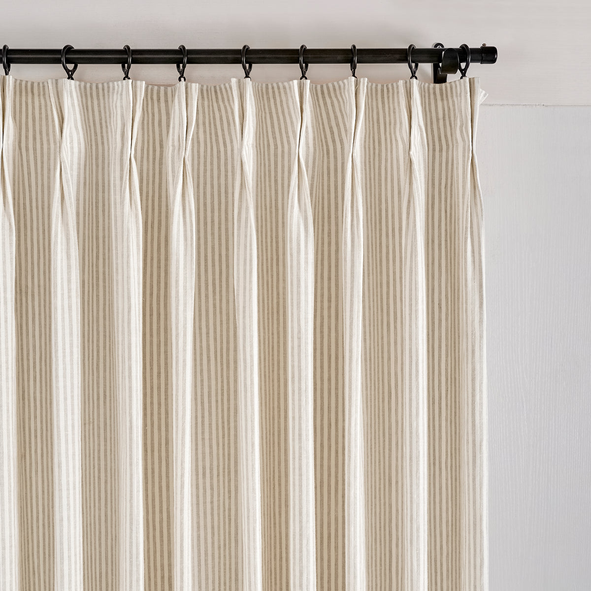 Carrick Striped Pure Linen Curtains in Flax Pinstripe, pleated header close up