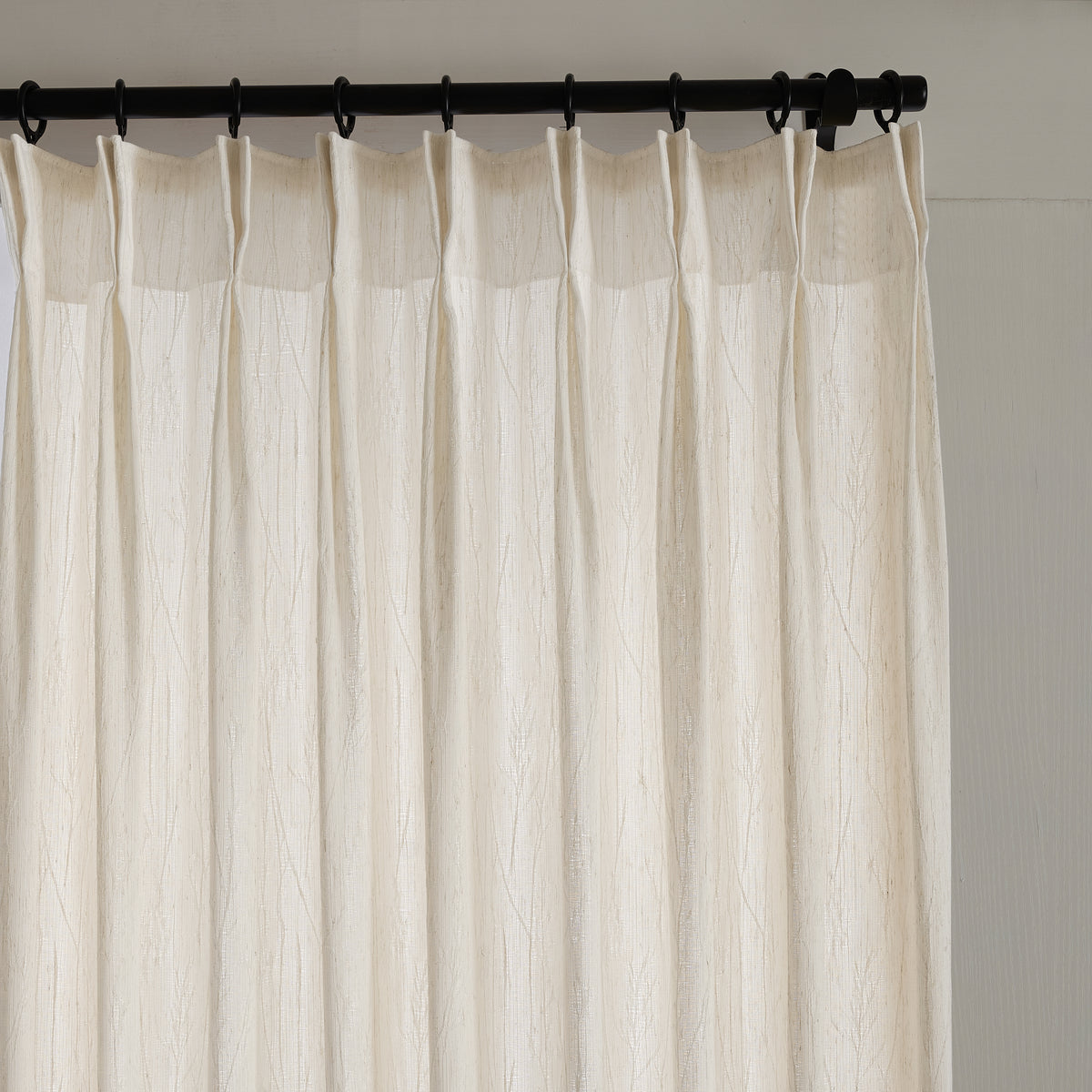 Odile Dandelion Sheer Curtains in Beige, pleated header close up