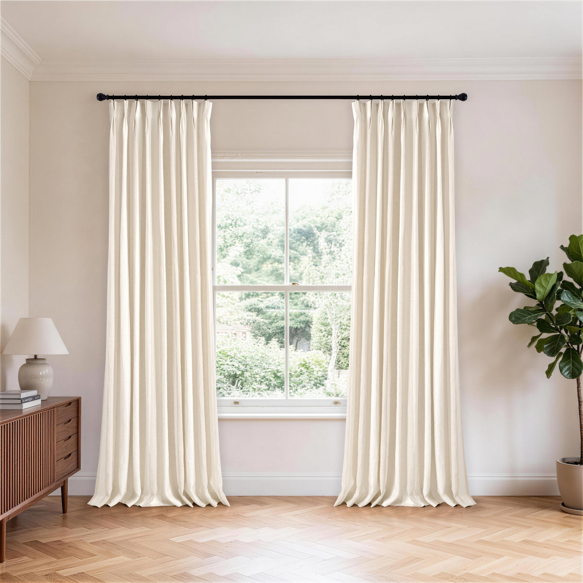 Carrick Striped Pure Linen Curtains in Flax Fine Check, hanging in a room