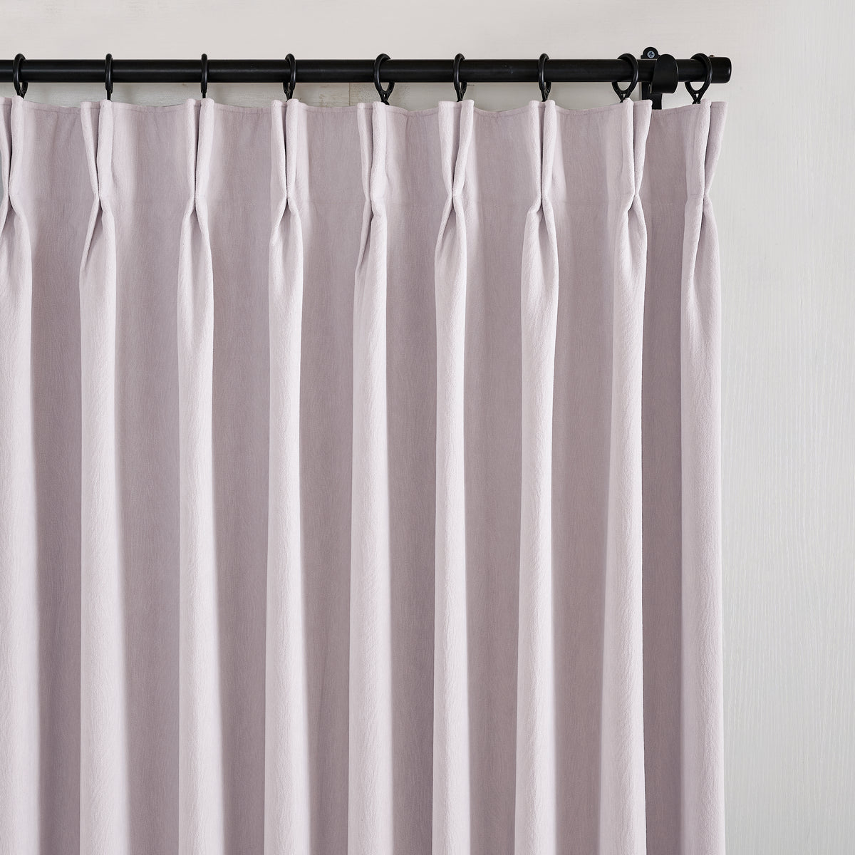 Ottilie Plush Chenille Blackout Curtains in Lilac, pleated header close up