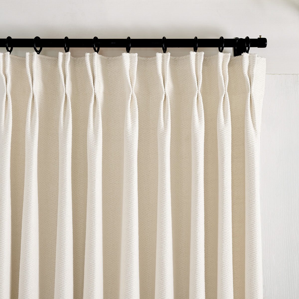 Pembroke Herringbone Weave Curtains in Chalk, pleated header close up