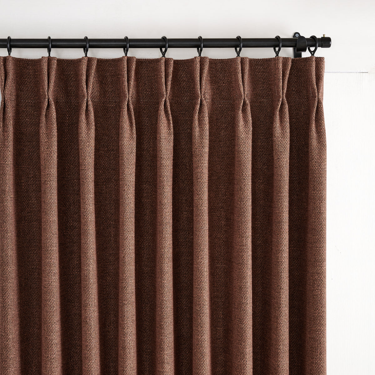 Kendall Basketweave Blackout Curtains in Cocoa, pleated header close up