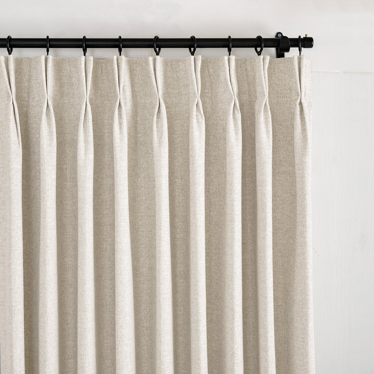 Everett Yarn-Dyed Jacquard Blackout Curtains in Oat, pleated header close up