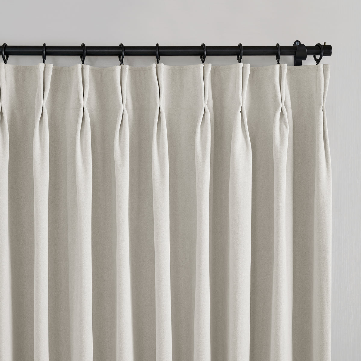 Ingram Brushed Weave Blackout Curtains in Chalk, pleated header close up