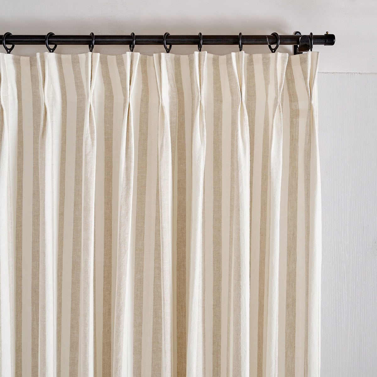 Carrick Striped Pure Linen Curtains in Flax Bold Check, pleated header close up