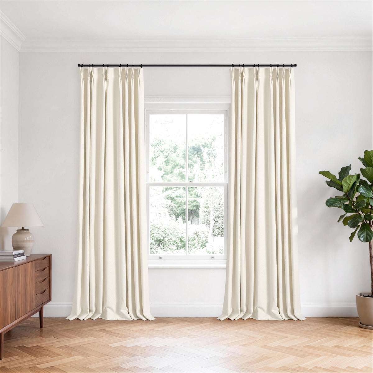 Pembroke Flecked Weave Curtains in Chalk, hanging in a room