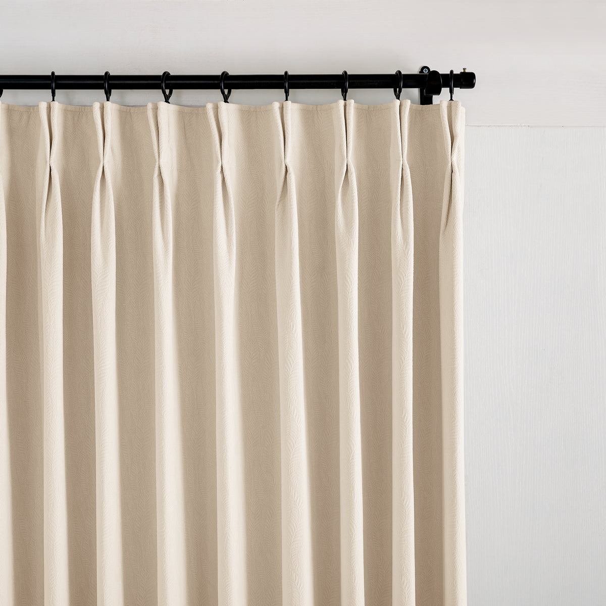Cordelia Sculpted Chenille Blackout Curtains in Greige, pleated header close up