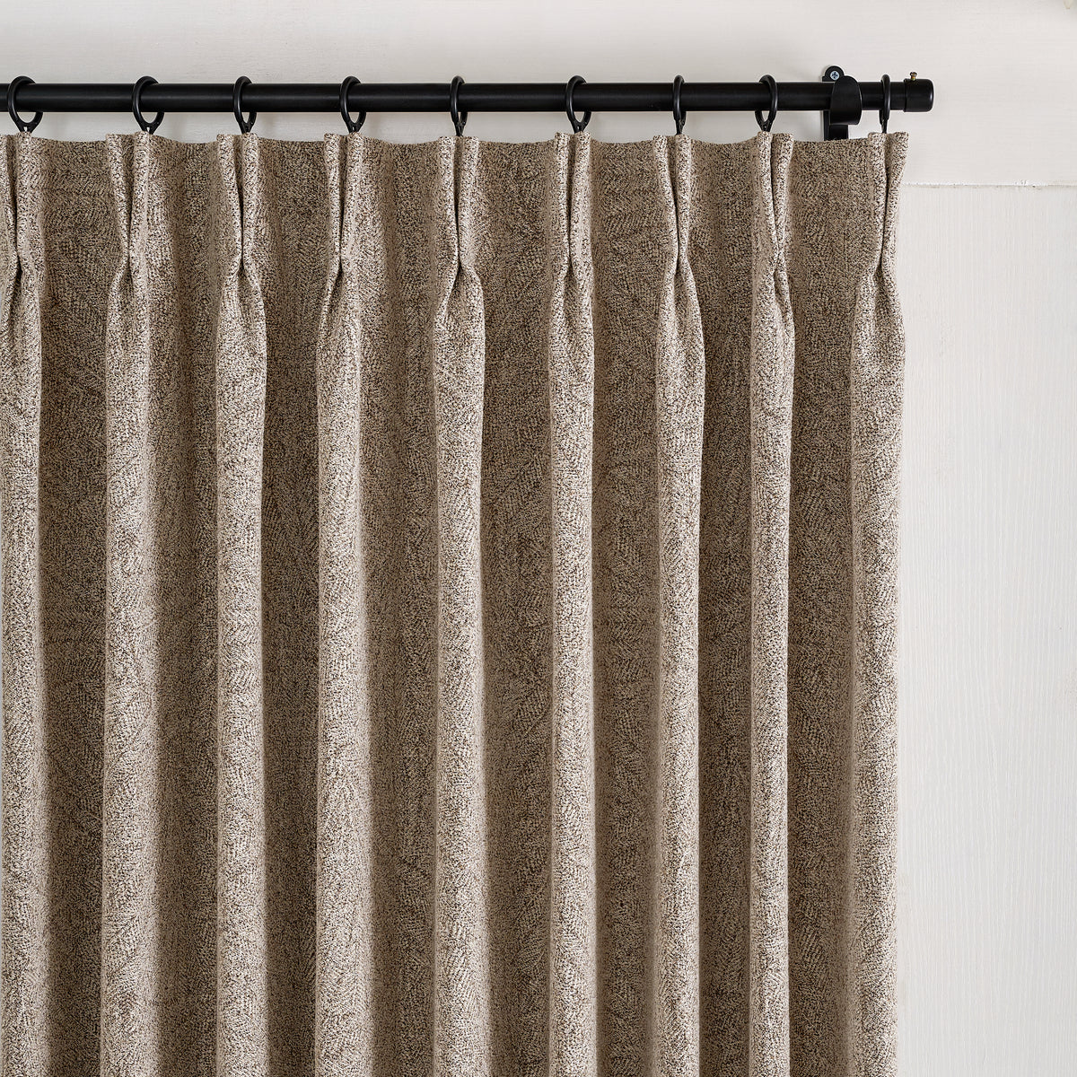 Bramwell Leaf Jacquard Blackout Curtains in Cocoa, pleated header close up