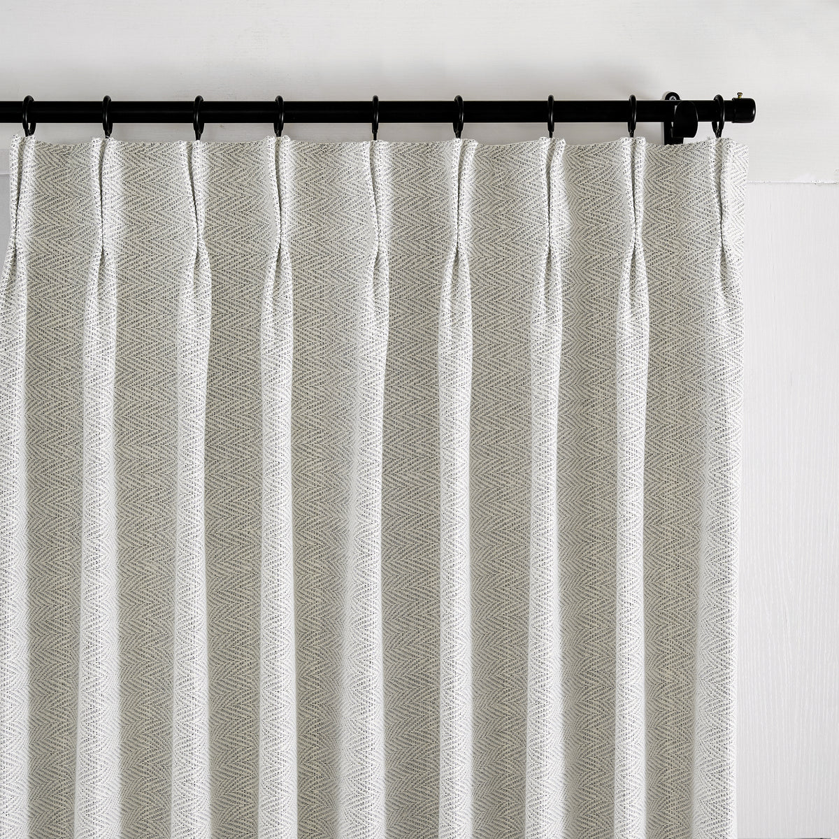 Pembroke Herringbone Weave Curtains in Soft Greige, pleated header close up