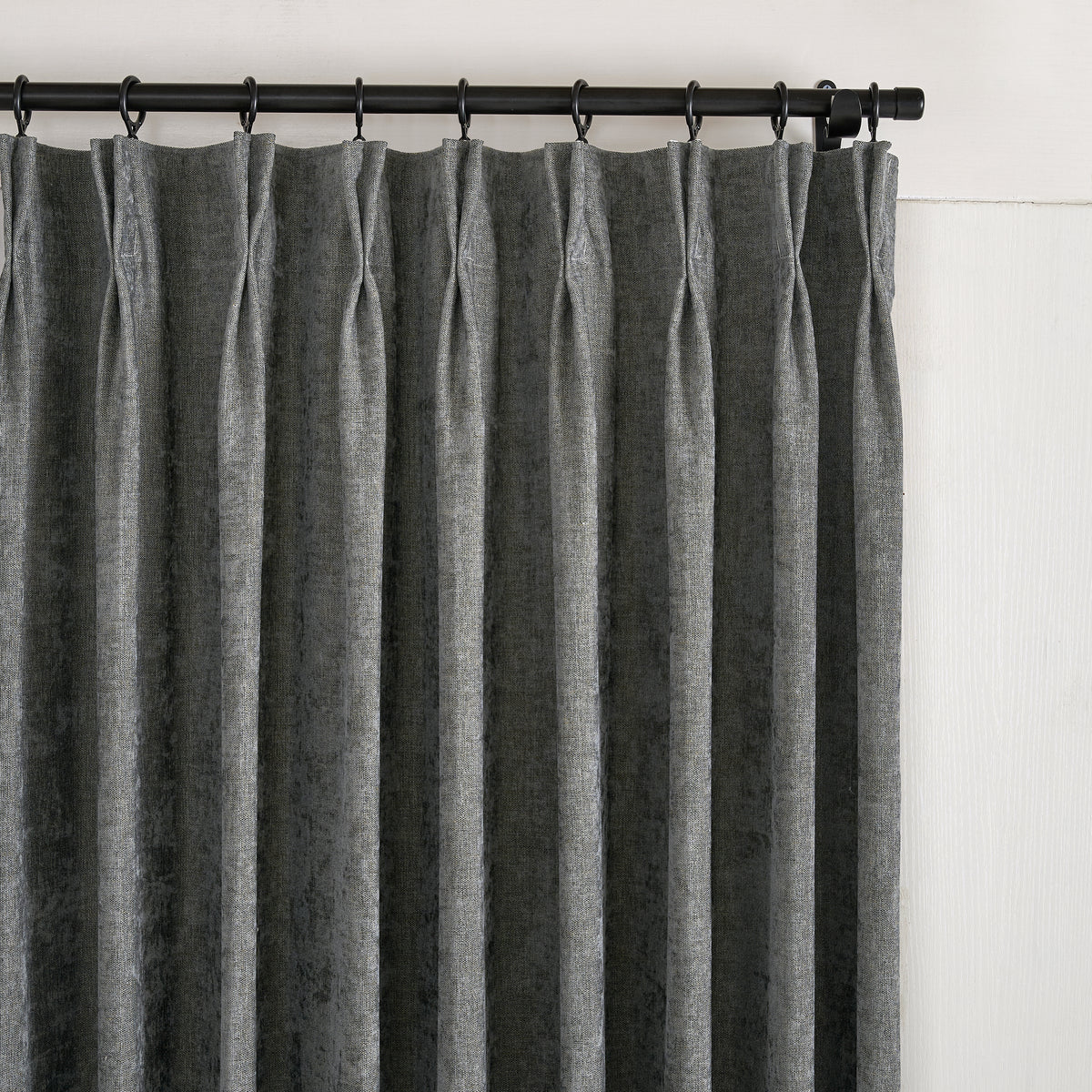 Prentiss Reversible Slub Curtains in Charcoal, pleated header close up