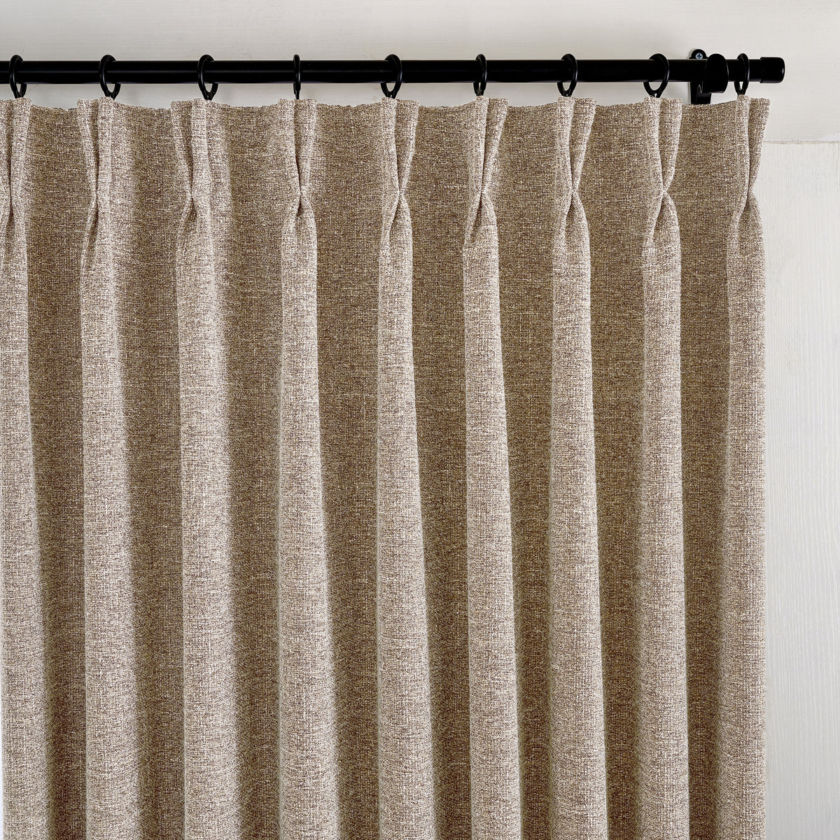 Tamsin Melange Weave Blackout Curtains in Warm Flax, pleated header close up