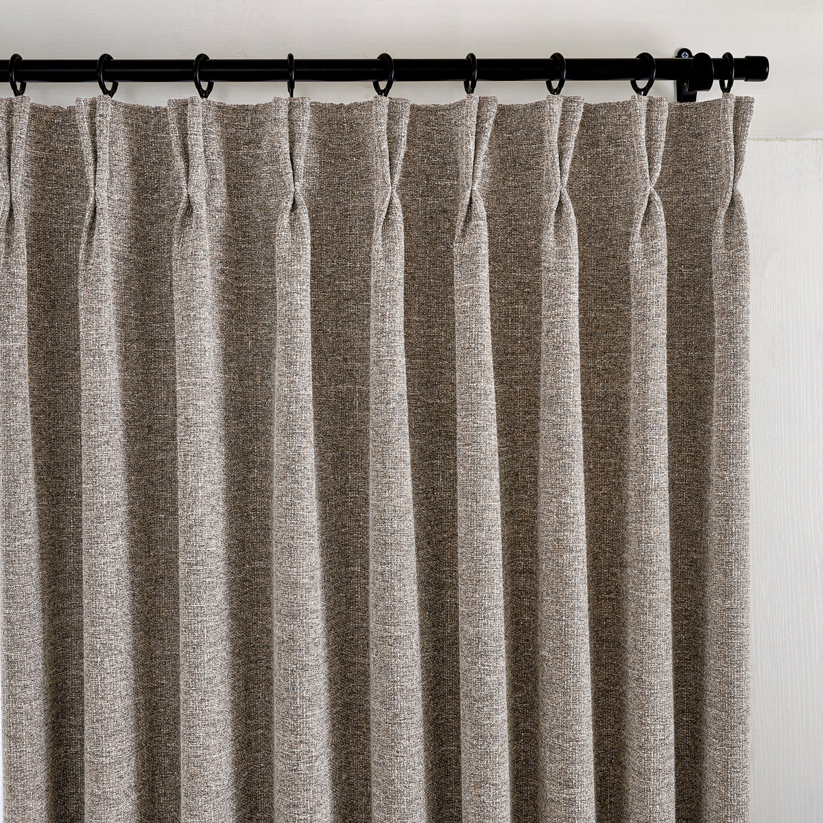 Tamsin Melange Weave Blackout Curtains in Cool Stone, pleated header close up