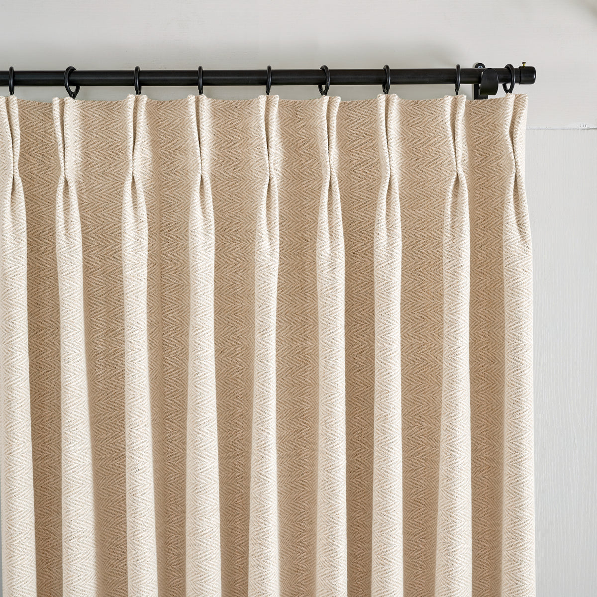 Pembroke Herringbone Weave Curtains in Sand, pleated header close up