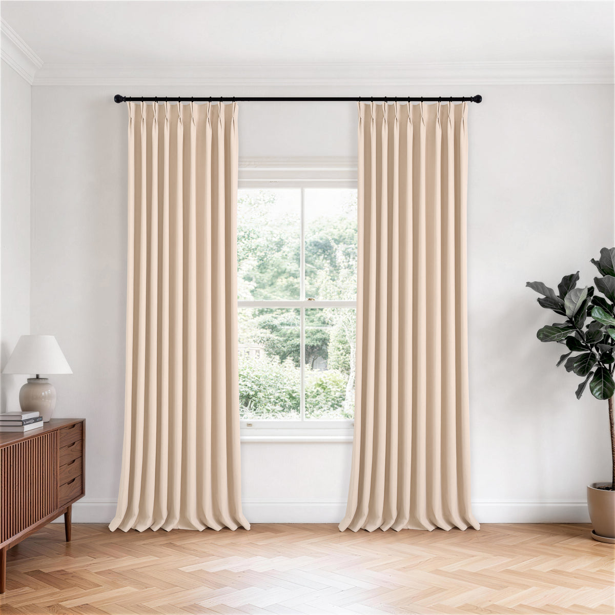 Ottilie Plush Chenille Blackout Curtains in Rich Ivory, hanging in a room