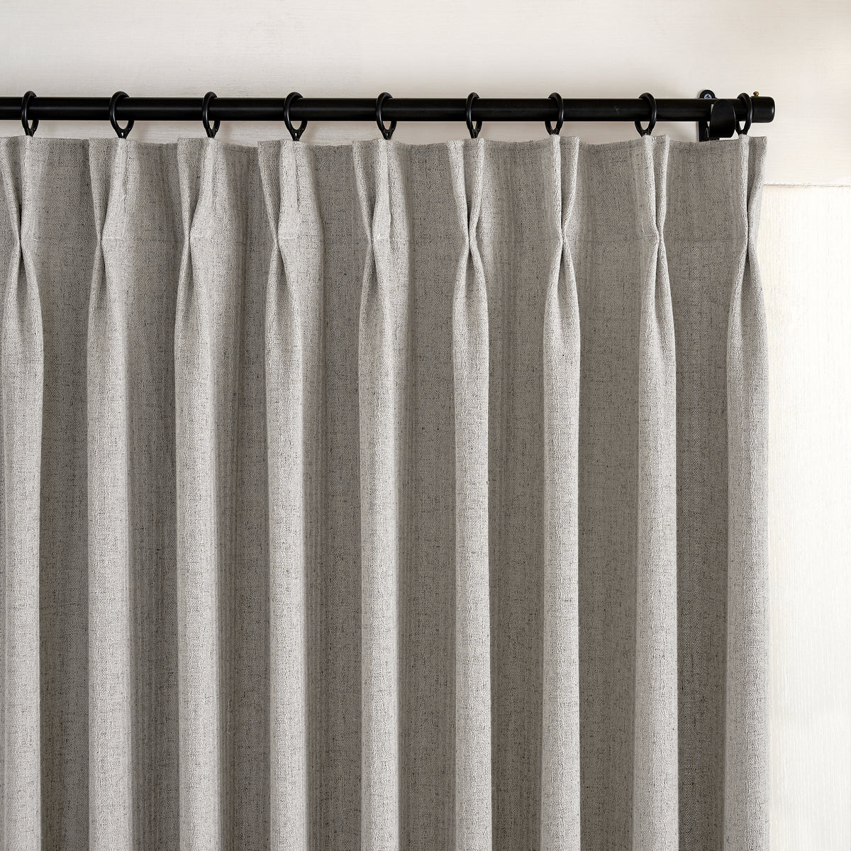 Ansel Slub Weave Curtains in Pewter, pleated header close up
