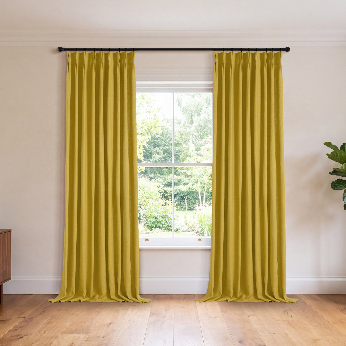 Ainsley Pure Linen Curtains in Ochre, hanging in a room