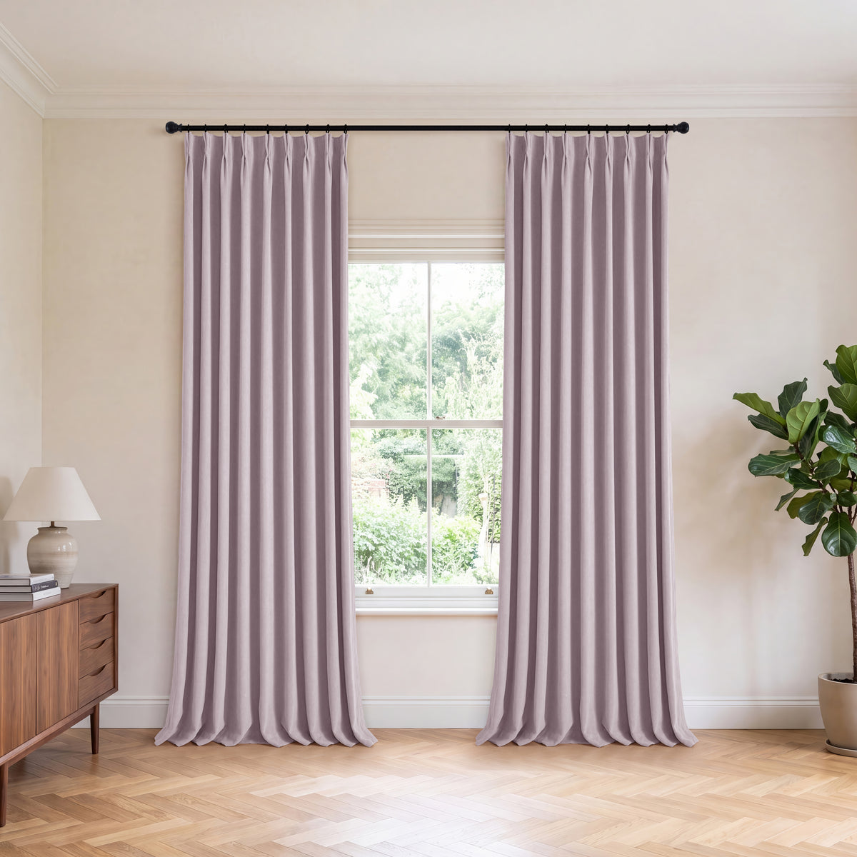 Genevieve Cloud-Soft Chenille Blackout Curtains in Mauve, hanging in a room