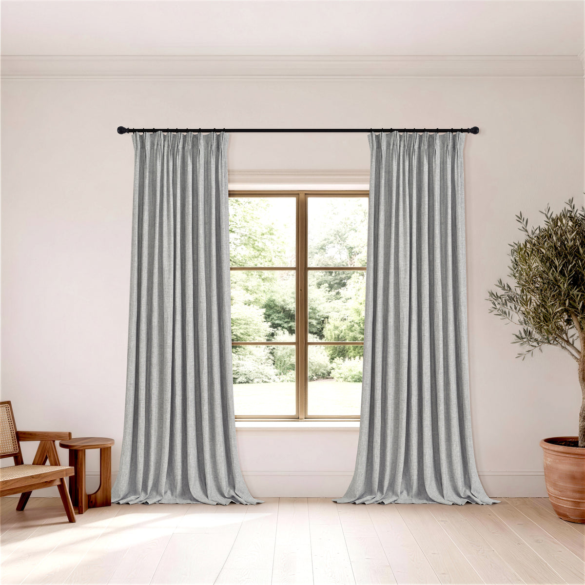 Rafe Slubbed Pure Linen Curtains in Graphite, hanging in a room