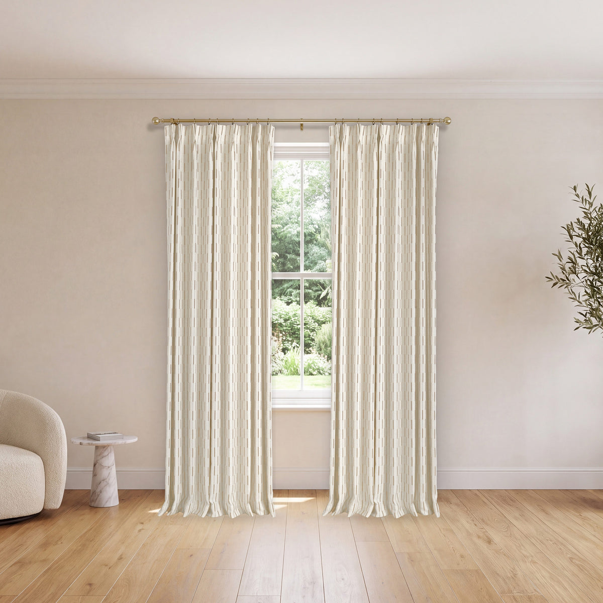Ansel Dash Stripe Weave Curtains in Stone, hanging in a room