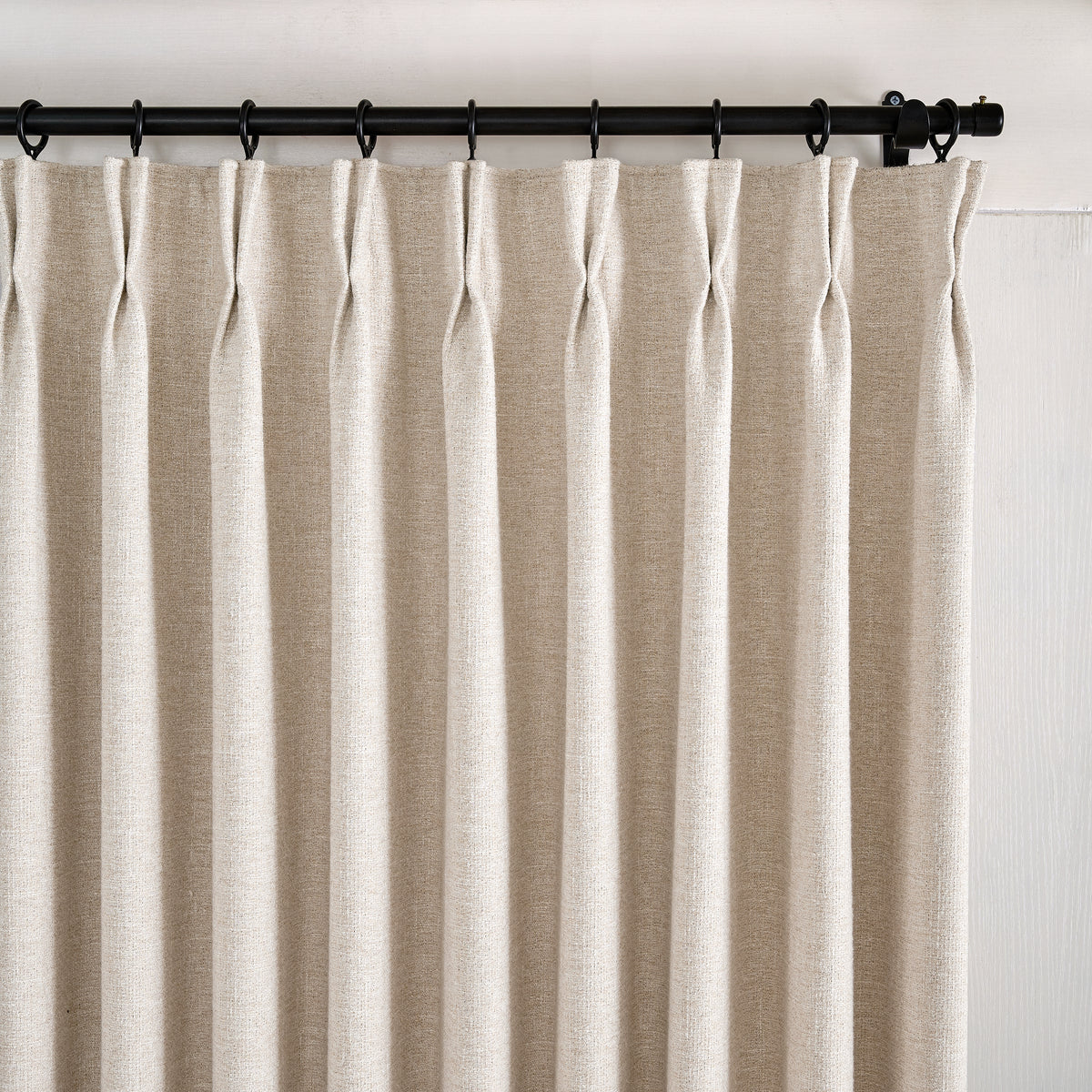 Tamsin Melange Weave Blackout Curtains in Ivory, pleated header close up