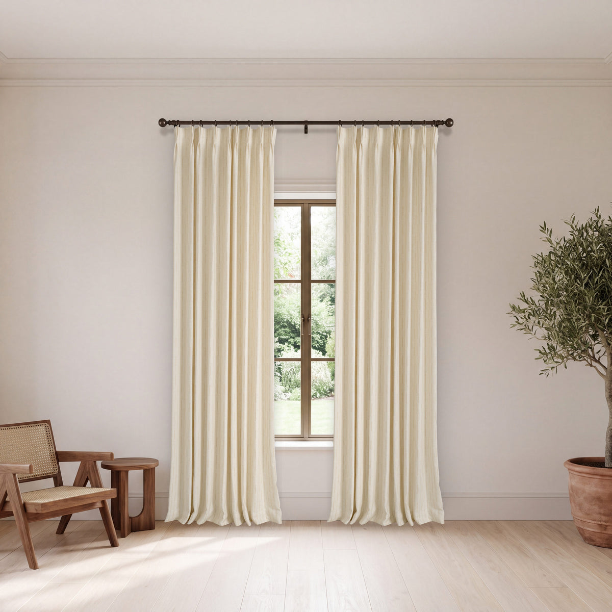 Ansel Dash Stripe Weave Curtains in Ivory, hanging in a room