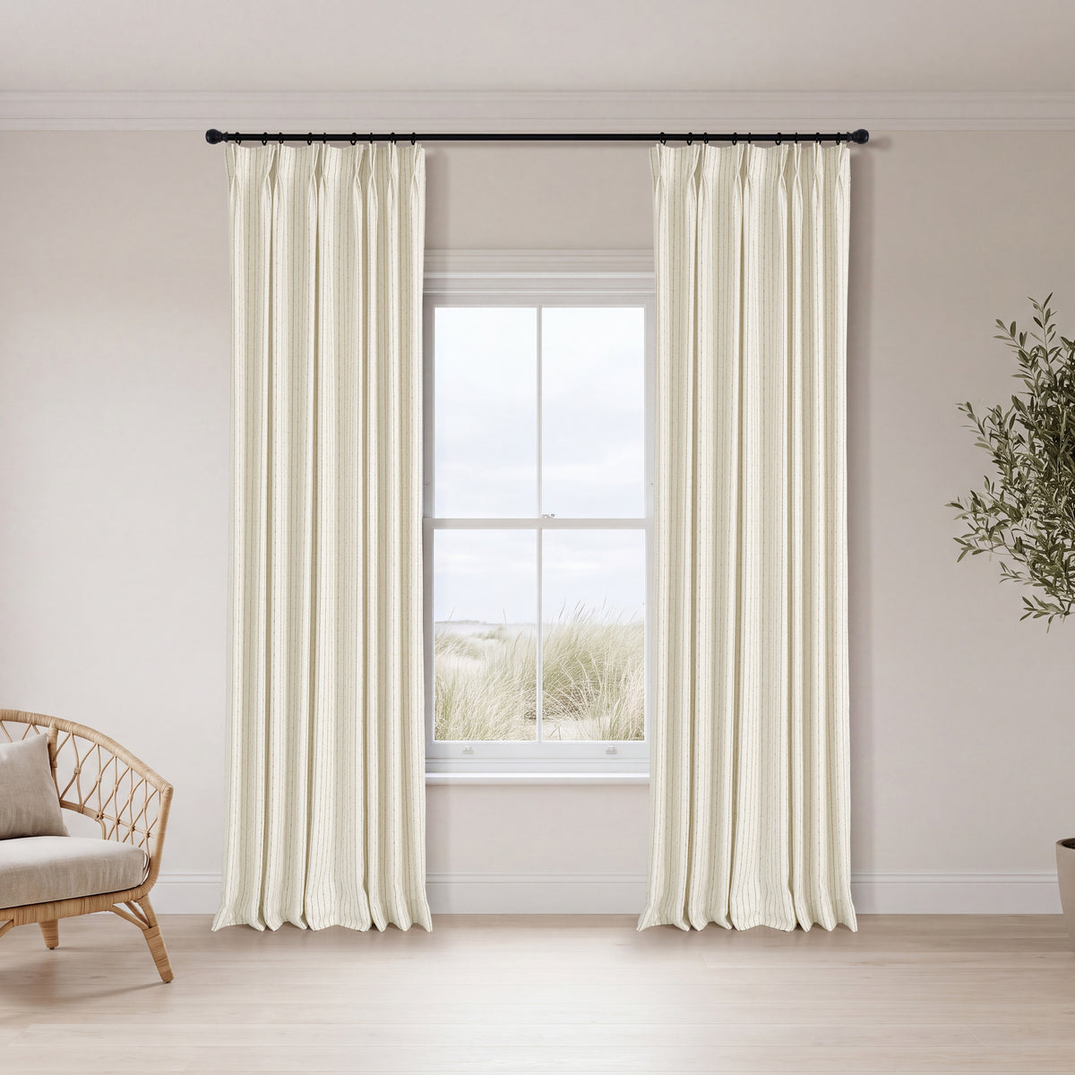 Ansel Pinstripe Weave Curtains in Ivory, hanging in a room