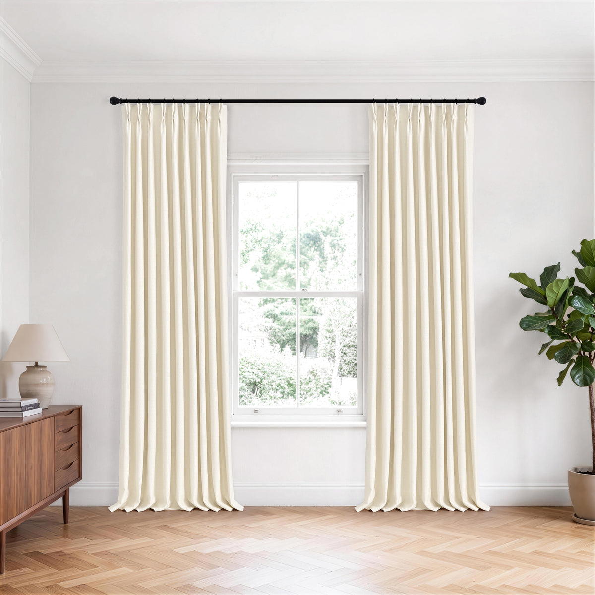 Pembroke Basket Weave Curtains in Chalk, hanging in a room