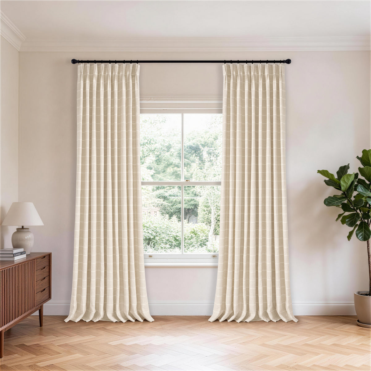 Carrick Striped Pure Linen Curtains in Flax Solid, hanging in a room