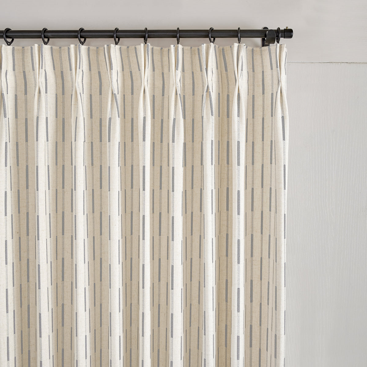 Ansel Dash Stripe Weave Curtains in Dove, pleated header close up