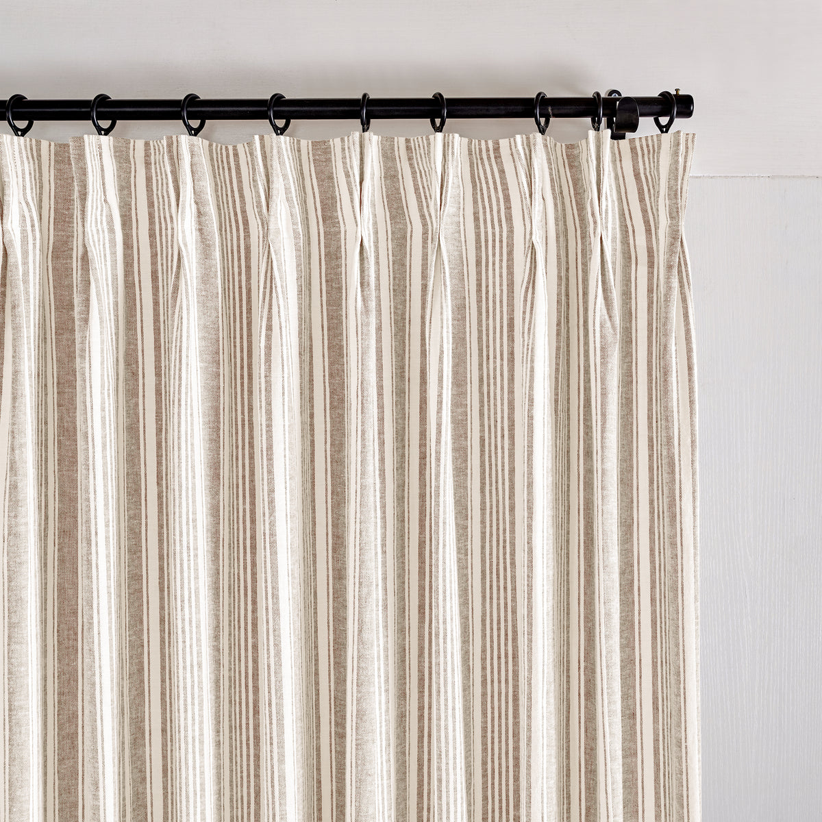 Carrick Striped Pure Linen Curtains in Flax Ticking, pleated header close up
