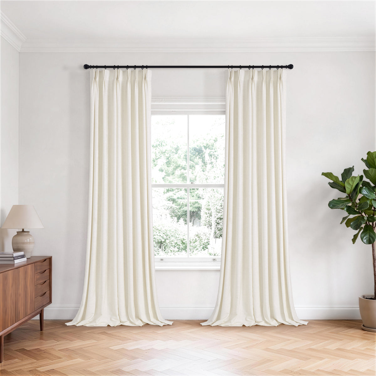 Prentiss Reversible Slub Curtains in Chalk, hanging in a room