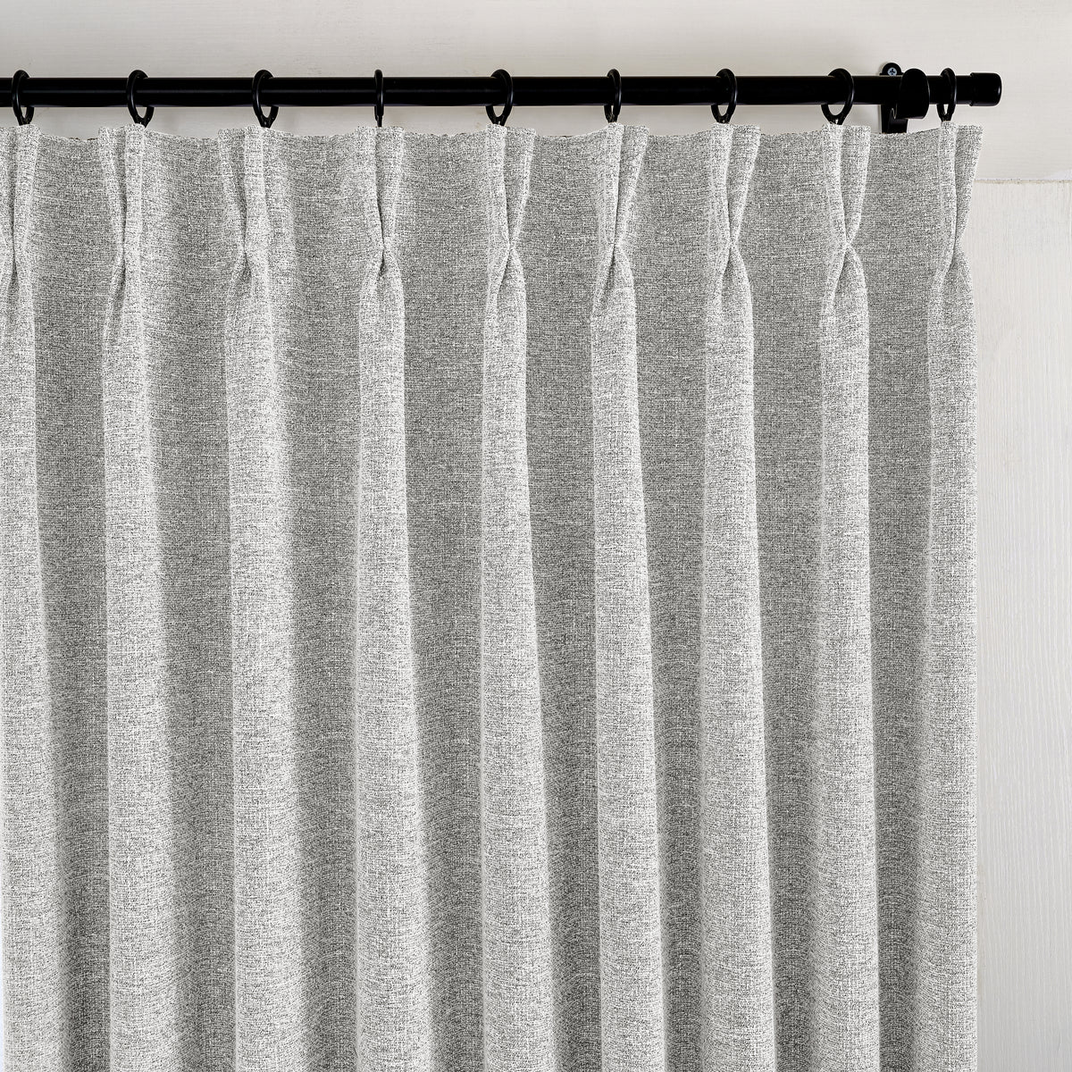 Tamsin Melange Weave Blackout Curtains in Oat, pleated header close up