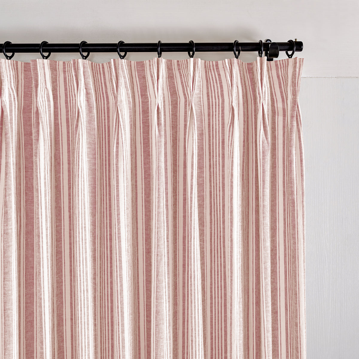 Carrick Striped Pure Linen Curtains in Madder Ticking, pleated header close up
