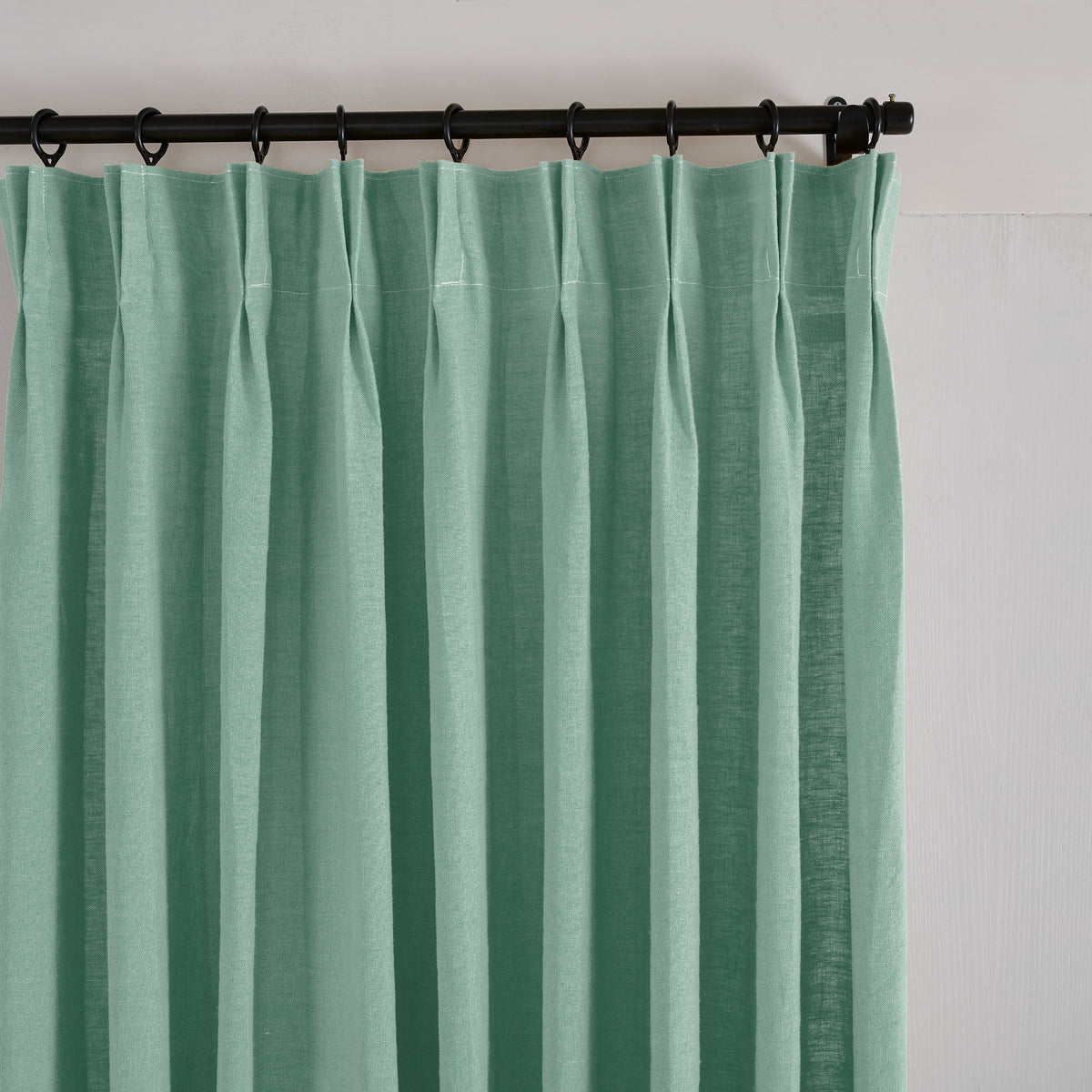 Ainsley Pure Linen Curtains in Eucalyptus, pleated header close up