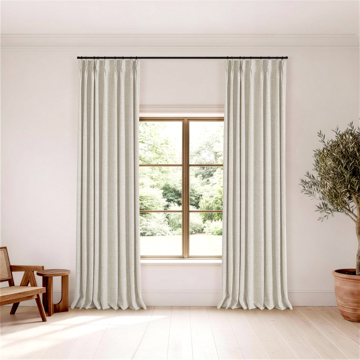 Pembroke Flecked Weave Curtains in Pale Greige, hanging in a room