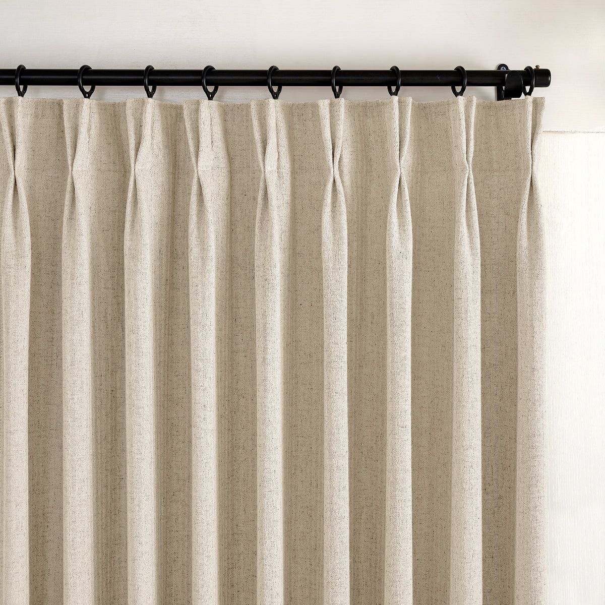 Ansel Slub Weave Curtains in Warm Greige, pleated header close up