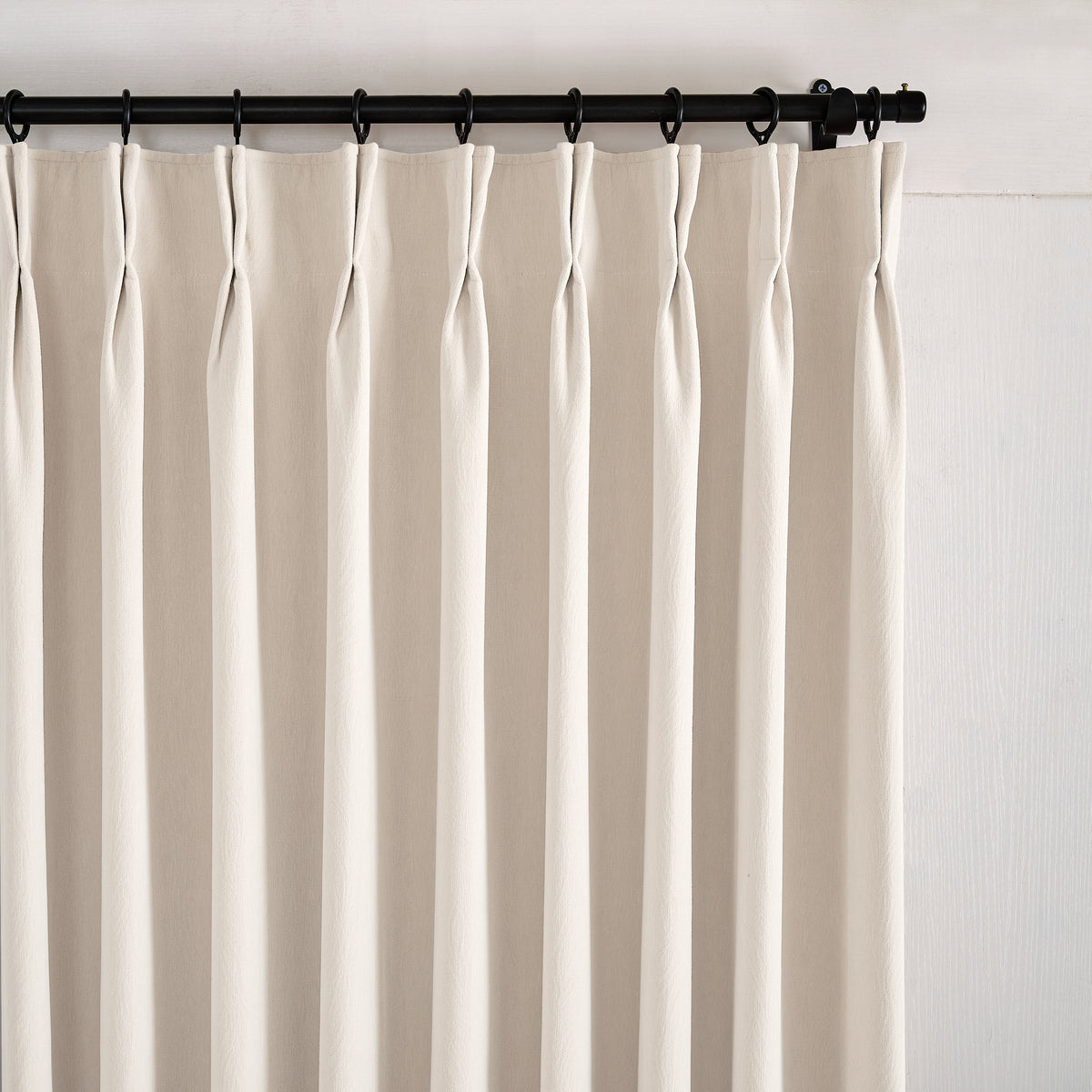 Ottilie Plush Chenille Blackout Curtains in Ivory, pleated header close up
